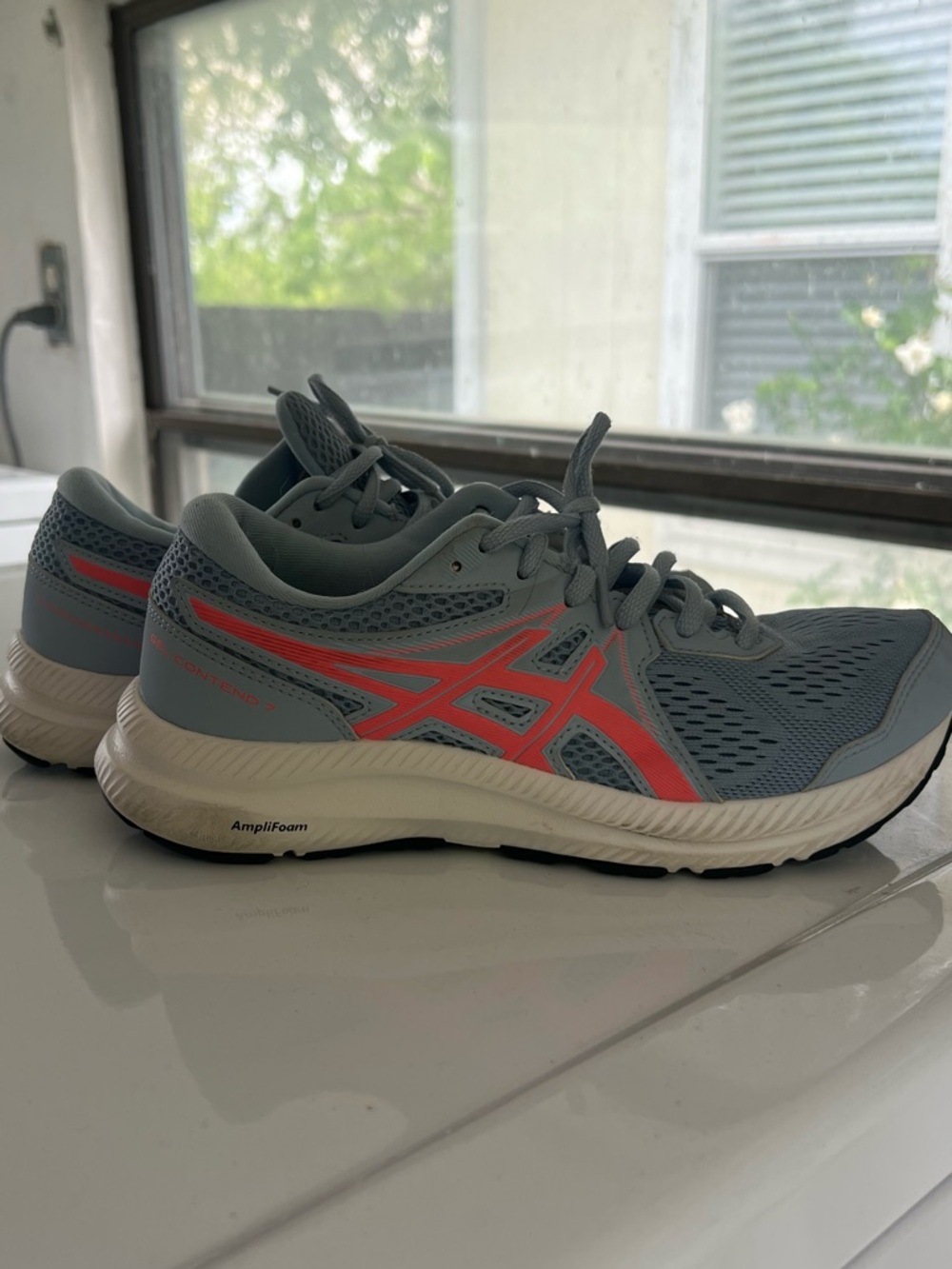 Asics Women’s Gel Amplifoam Light Blue Running Shoes with Coral Detailing